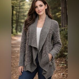 Kensie Gray Open Front Textured Knit Cardigan Sweater Women’s M Shawl Collar